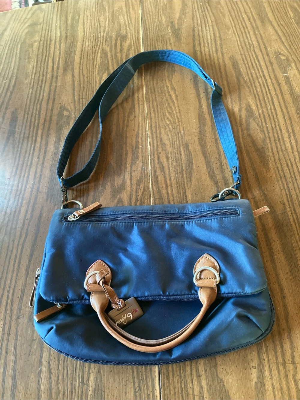 Travelon twenty 9 five collapsible Navy Blue Crossbody Satchel Brown Trim new